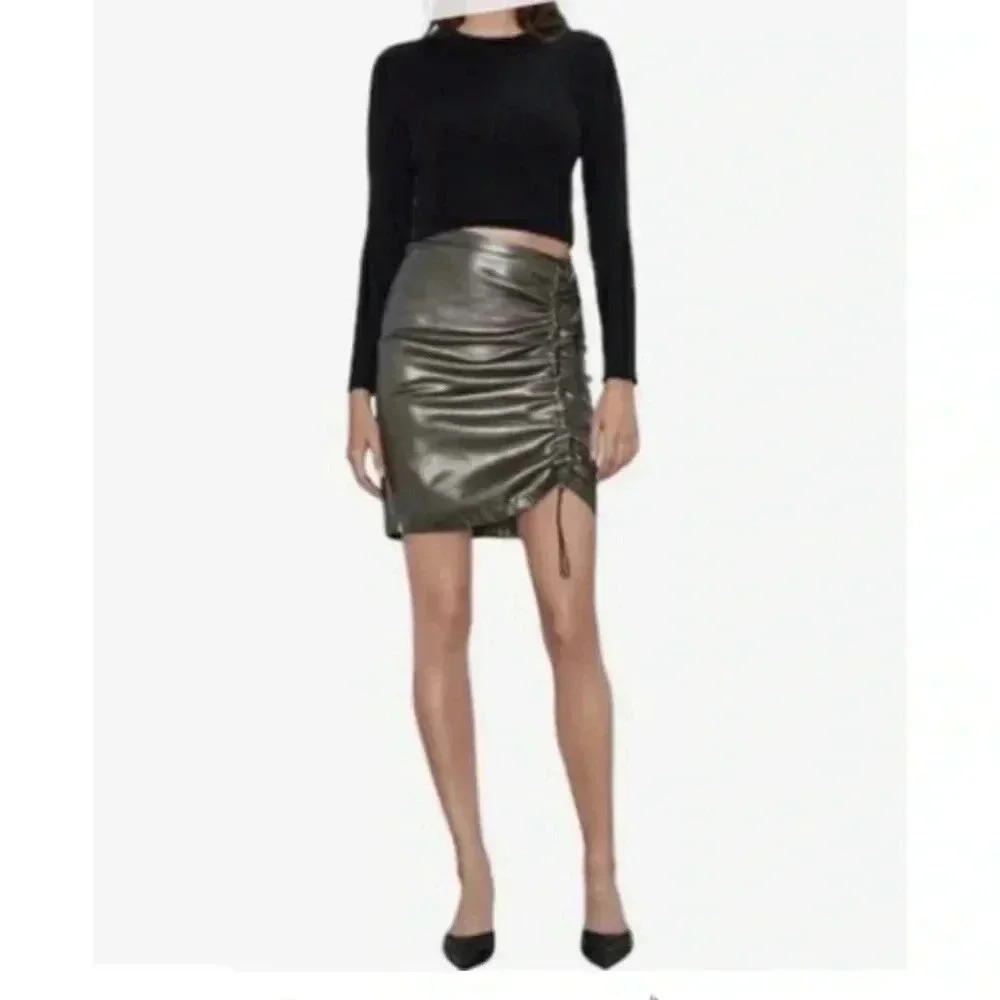 Zara NWT Coated Metallic Drawstring Ruched Pencil Mini Skirt Size M
